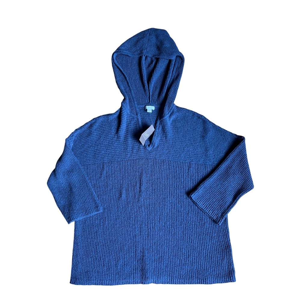 NWTs J. Jill Blue Ribbed Knit Hooded Sweater Petite S Cotton Coastal Nautical